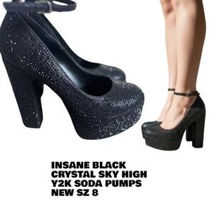 INSANE BLACK CRYSTAL RHINESTONE Y2K PLATFORM SKY HIGH SODA PUMPS SZ. 8 NEW!‎